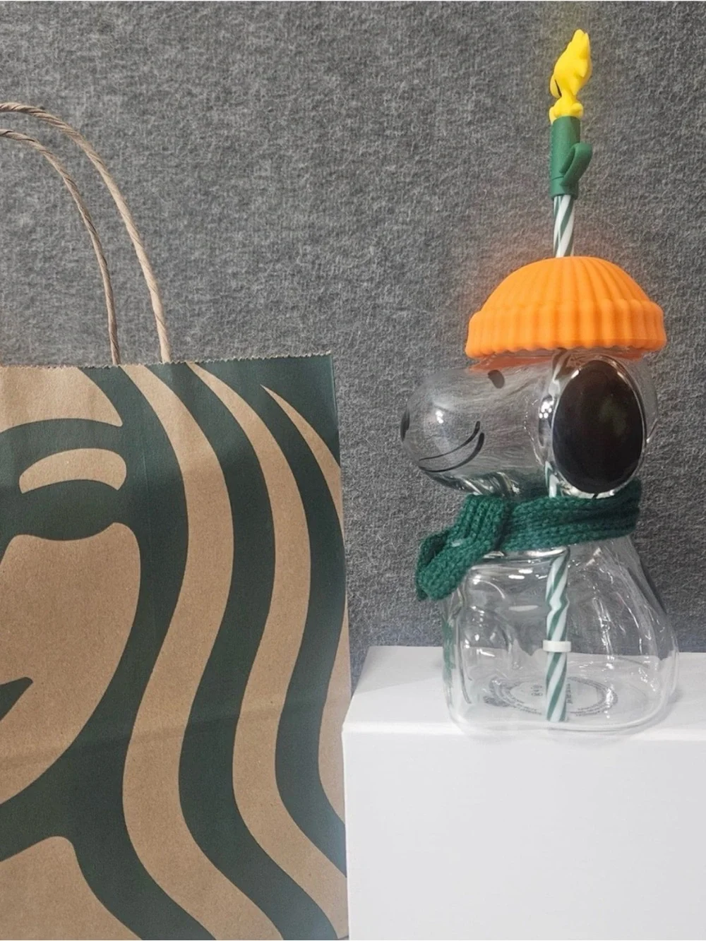 Starbucks x Peanuts Snoopy Dog Tumbler with Orange Hat and Green Scarf